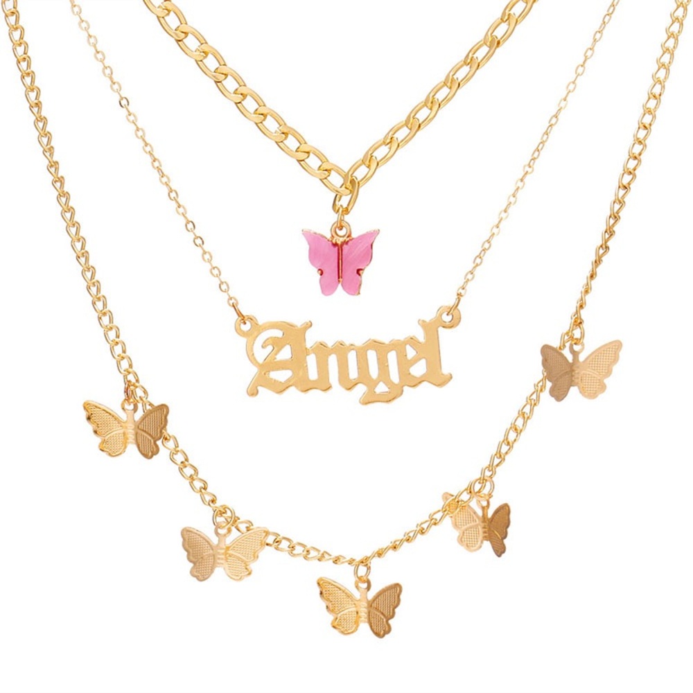 Gold Butterfly Layered Necklace with Pink Accent - Picture 2 of 3